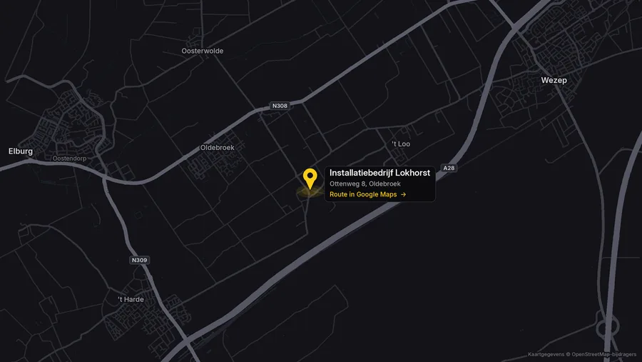 Kaart van de omgeving van Oldebroek met de ligging van Installatiebedrijf Lokhorst aan de Ottenweg, tussen de N308 en de A28